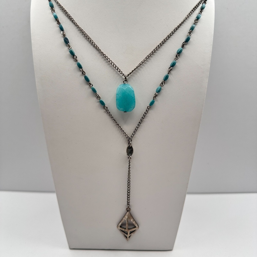 Vintage Y2K Multi Stand Necklace Silver Tone Faux Turquoise Jewelry